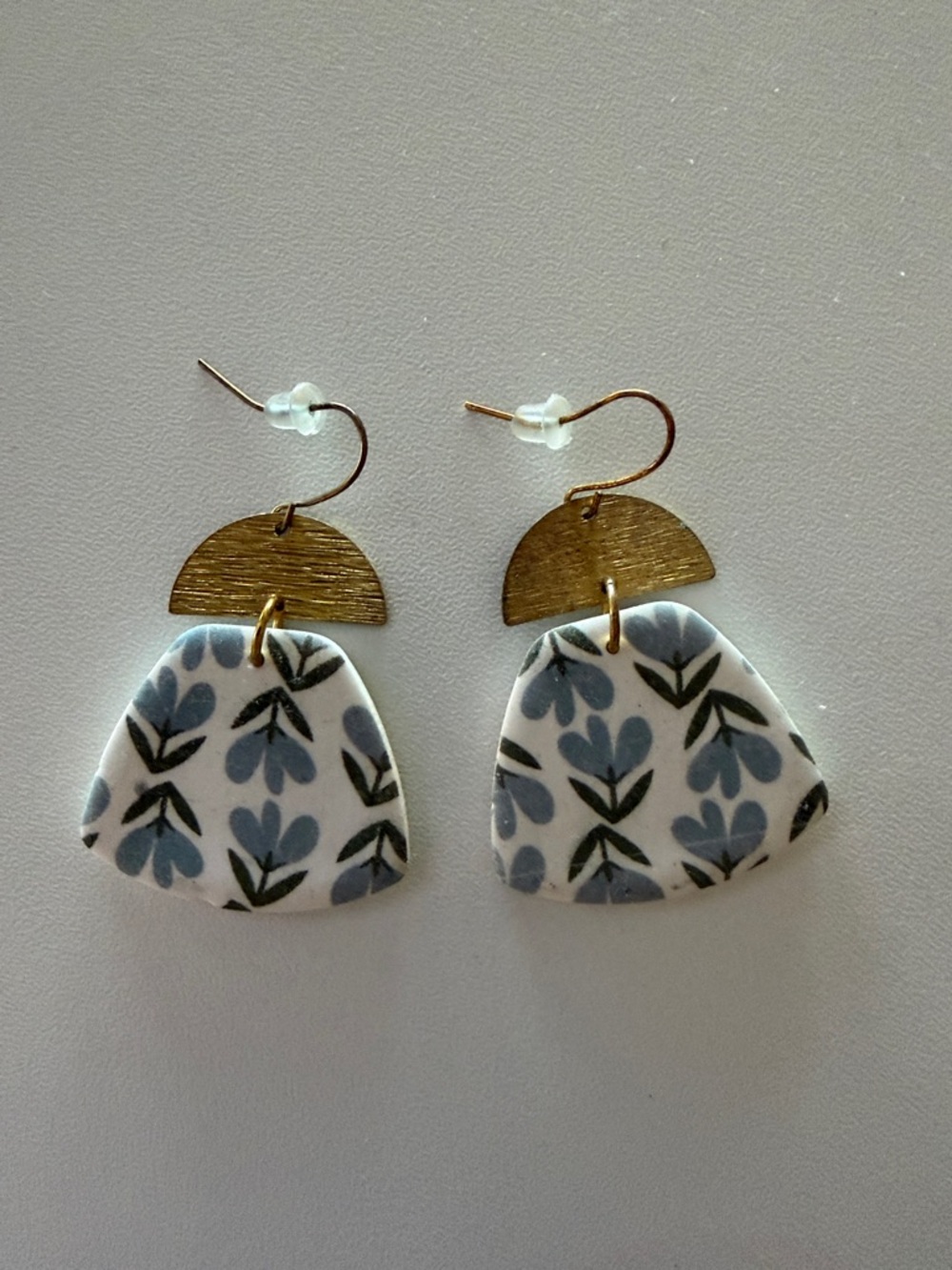 Hand-Painted Blue Floral Dangle Earrings with Gold Accent
